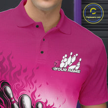 Load image into Gallery viewer, Custom Pink Flame Bowling Tournament Men Polo Team Shirt, Fire Bowling League Shirt IPHW11218