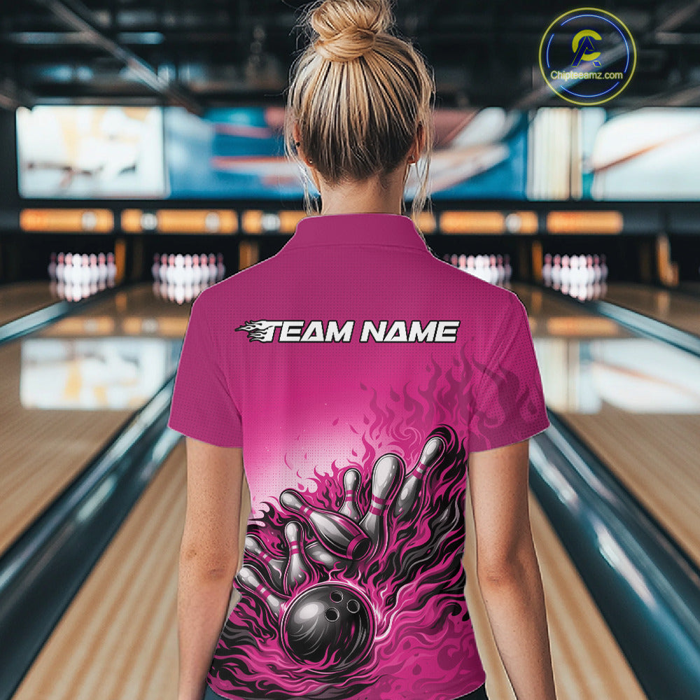 Back View Female Model Wearing Pink Bowling Polo Shirt Featuring Flame Bowling Ball And Pins Illustration With Vibrant Action Energy