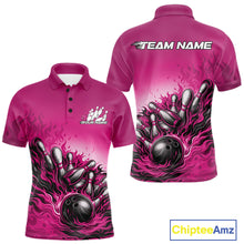 Load image into Gallery viewer, Custom Pink Flame Bowling Tournament Men Polo Team Shirt, Fire Bowling League Shirt IPHW11218
