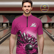 Load image into Gallery viewer, Custom Pink Flame Bowling Tournament Men Quarter-Zip Team Shirt, Fire Bowling League Shirt IPHW11218