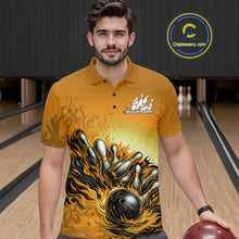 Load image into Gallery viewer, Custom Yellow Flame Bowling Tournament Men Polo Team Shirt, Fire Bowling League Shirt IPHW11219