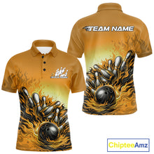 Load image into Gallery viewer, Custom Yellow Flame Bowling Tournament Men Polo Team Shirt, Fire Bowling League Shirt IPHW11219