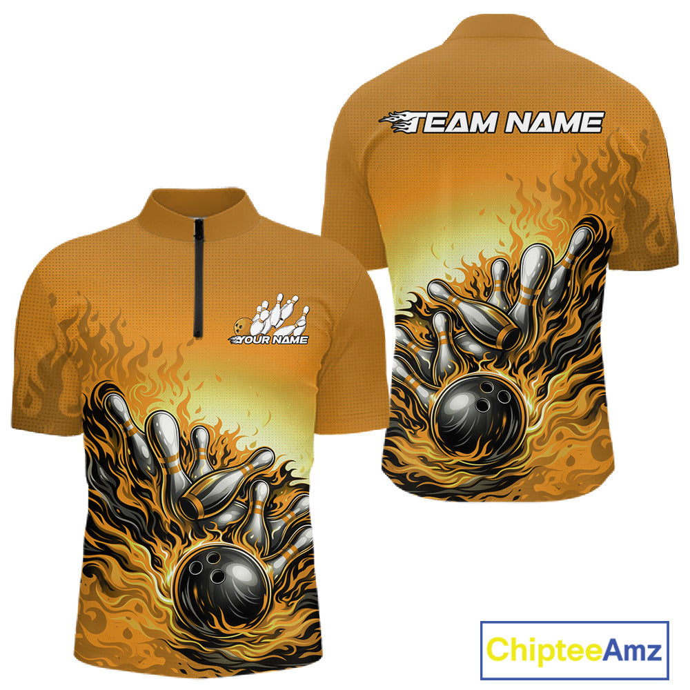 Front and back view of a men’s quarter-zip bowling shirt mockup in yellow, featuring flame bowling ball striking pins dynamic sports illustration.