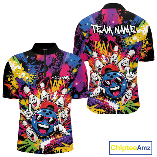 Custom Funny Colorful Hiphop Bowling Men Quarter Zip Shirt, Graffity Splatter Bowling Jersey IPHW11802