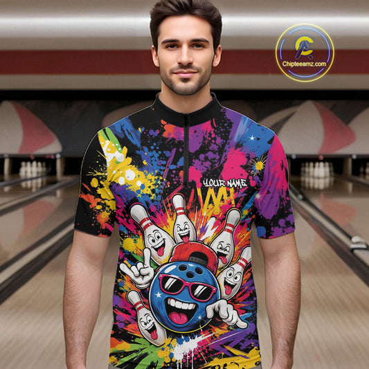 Custom Funny Colorful Hiphop Bowling Men Quarter Zip Shirt, Graffity Splatter Bowling Jersey IPHW11802