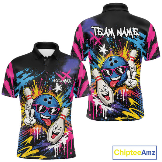 Custom Funny Colorful Paint Splatter Bowling Men Polo Shirt, Graffity Bowling Jersey IPHW11803