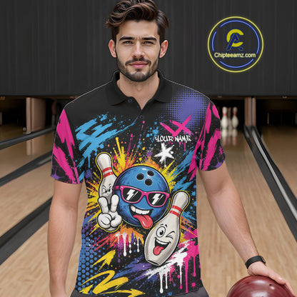 Custom Funny Colorful Paint Splatter Bowling Men Polo Shirt, Graffity Bowling Jersey IPHW11803