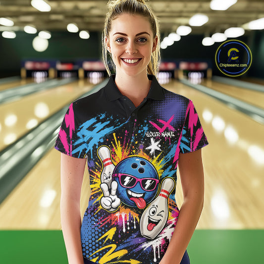 Custom Funny Colorful Paint Splatter Bowling Women Polo Shirt, Graffity Bowling Jersey IPHW11803