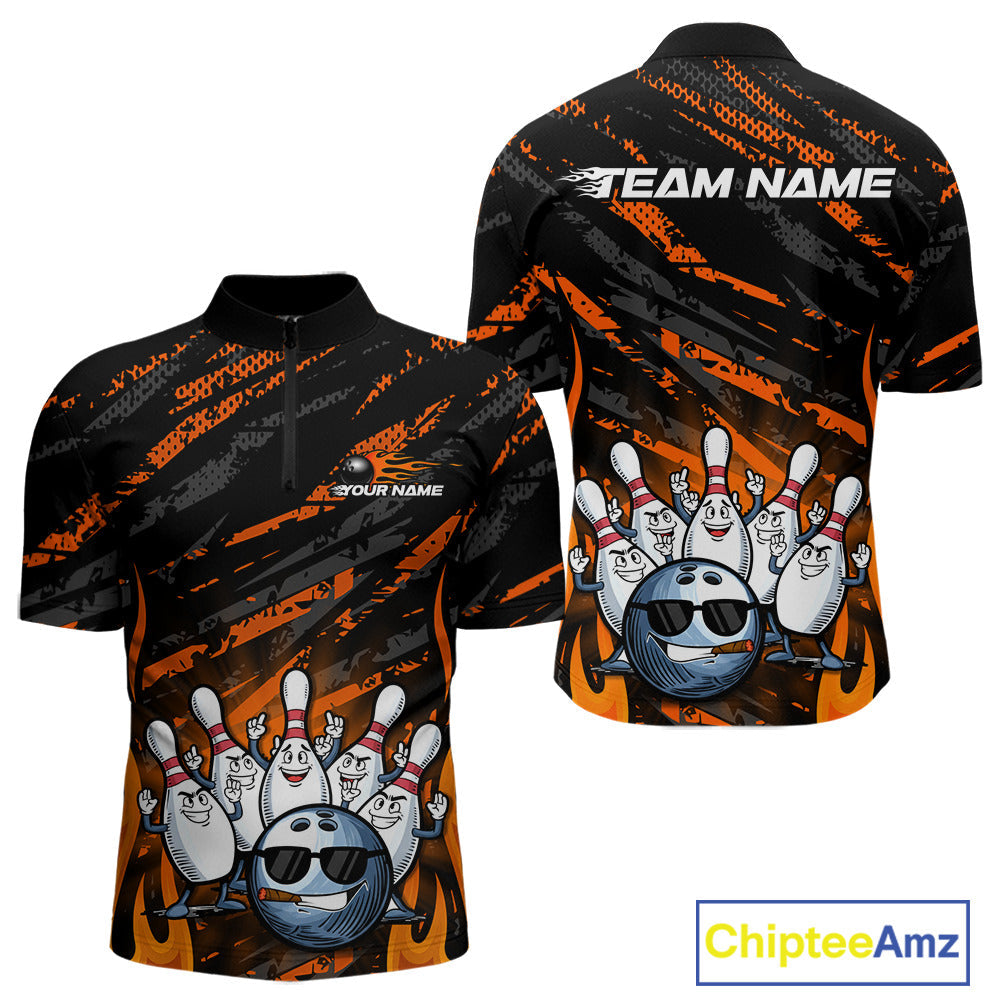 Custom Orange Camo Funny Flame Bowling Men Quarter-Zip Shirts, Bowling Team League Shirt IPHW10091