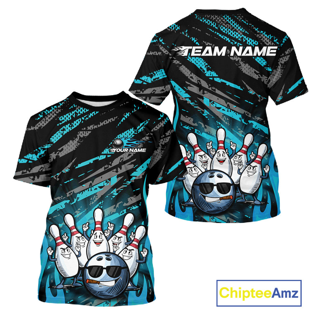 Custom Blue Camo Funny Flame Bowling Men T-Shirts, Bowling Team League IPHW10092
