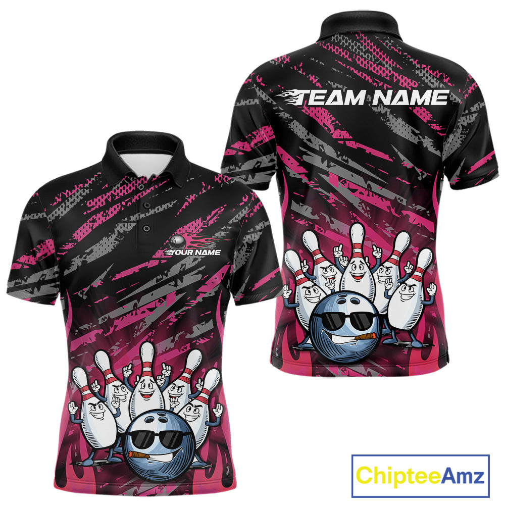Custom Pink Camo Funny Flame Bowling Men Polo Shirts, Bowling Team League Shirt IPHW10093