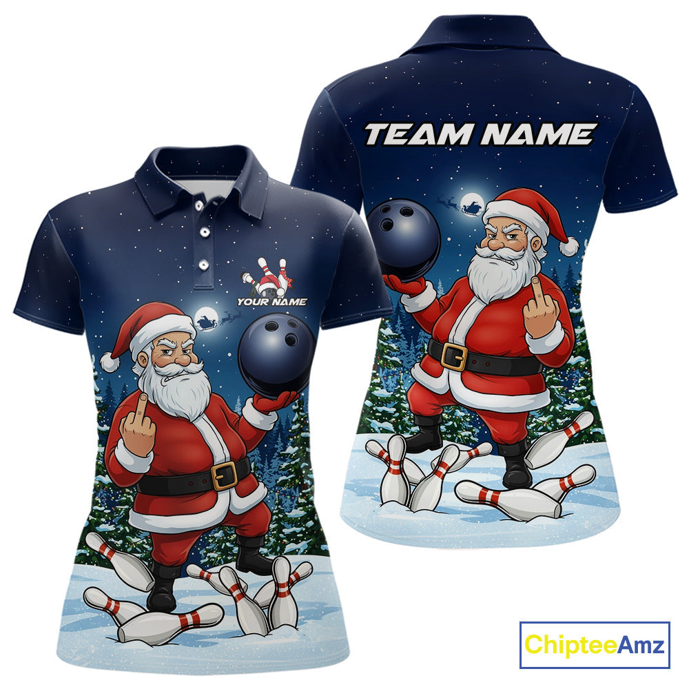 Custom Funny Christmas Bowling Women Polo Shirts, Xmas Santa Bowling Team Outfit IPHW10094