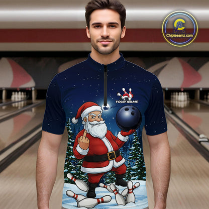 Custom Funny Christmas Bowling Men Quarter-Zip Shirts, Xmas Santa Bowling Team Outfit IPHW10094