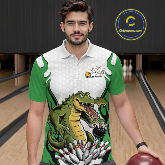 Custom Funny Alligator Bowling Men Polo Shirt, Alligator Green Bowling Team League Shirt IPHW10685