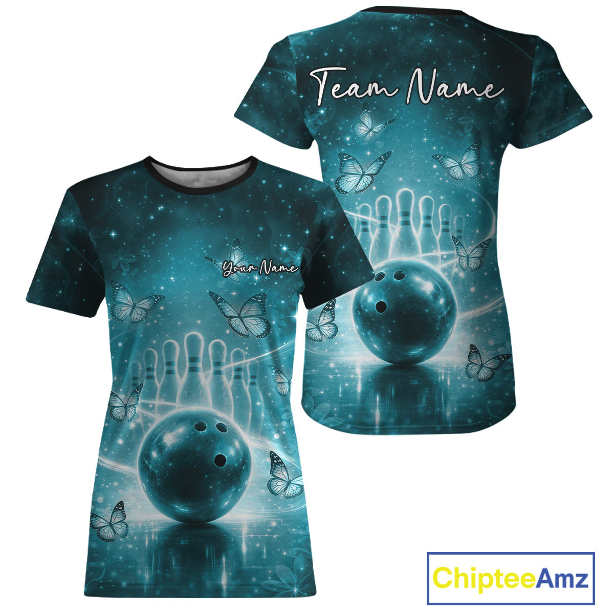 Custom Blue Butterfly Women Bowling T-Shirts, Ladies Bowling League IPHW10922