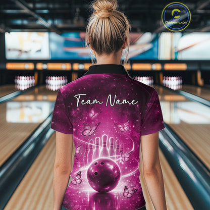 Custom Pink Butterfly Women Bowling Polo Shirt, Ladies Bowling League Shirt IPHW10923