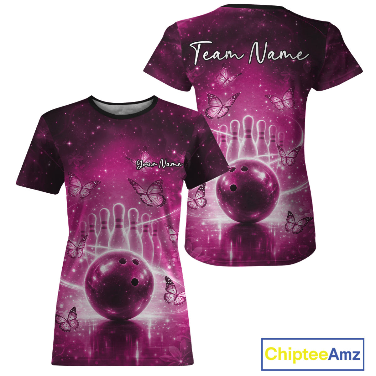 Custom Pink Butterfly Women Bowling T-Shirts, Ladies Bowling League IPHW10923