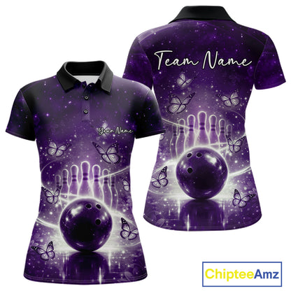 Custom Purple Butterfly Women Bowling Polo Shirt, Ladies Bowling League Shirt IPHW10924