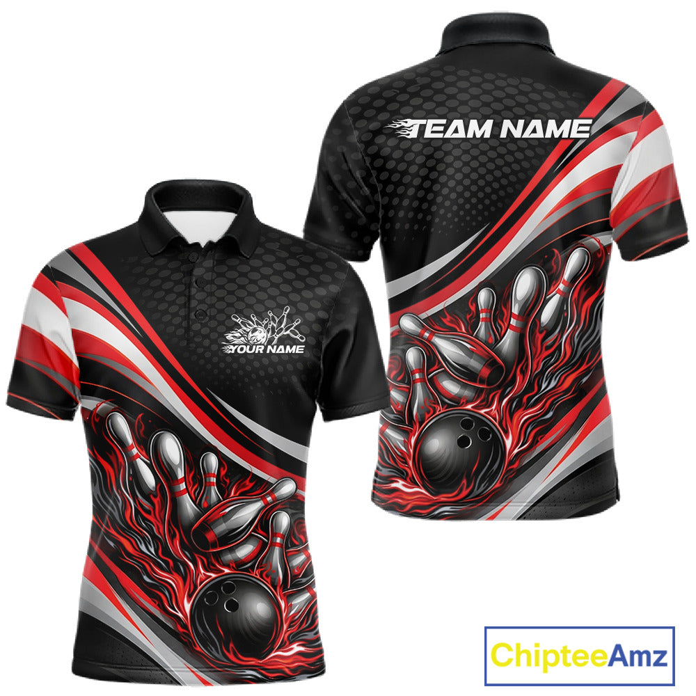 Front and back view of a men’s polo shirt mockup in black and red, featuring flame bowling ball striking pins bold action illustration.
