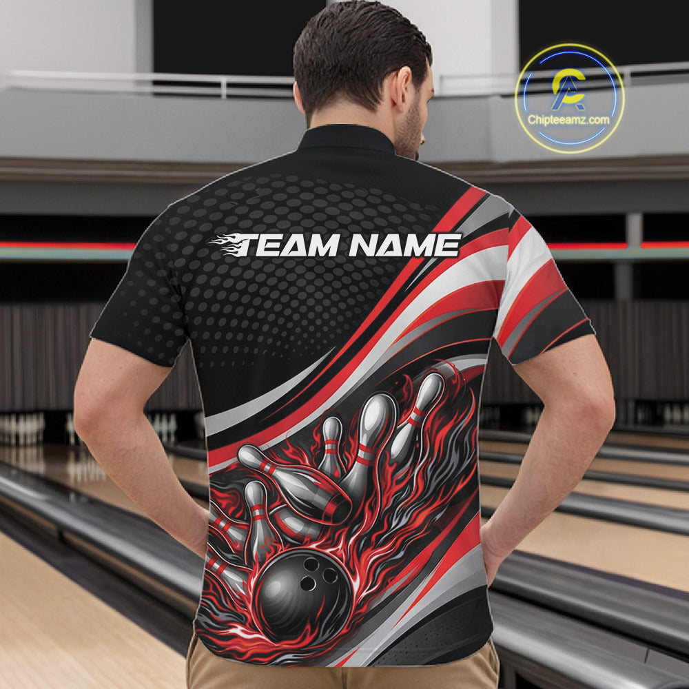 Male model in a bowling lane wearing a black and red quarter-zip shirt, flame bowling strike scene with bold dynamic motion graphics.
