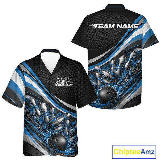 Front and back view of a button-up bowling shirt mockup in black and blue, featuring flame bowling ball striking pins energetic sports design.
