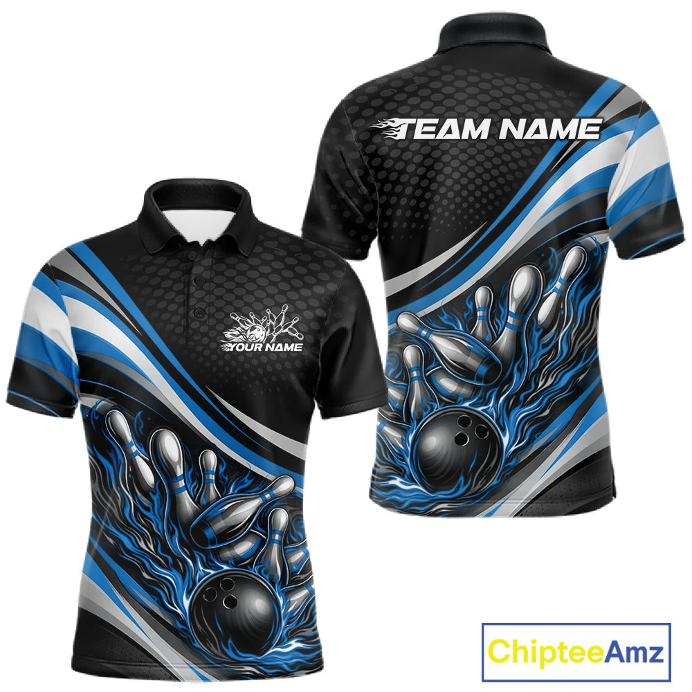 Front and back view of a men’s polo shirt mockup in black and blue, featuring flame bowling ball striking pins dynamic sports illustration.