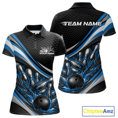 Front and back view of a women’s polo shirt mockup in black and blue, featuring flame bowling ball striking pins energetic illustration.