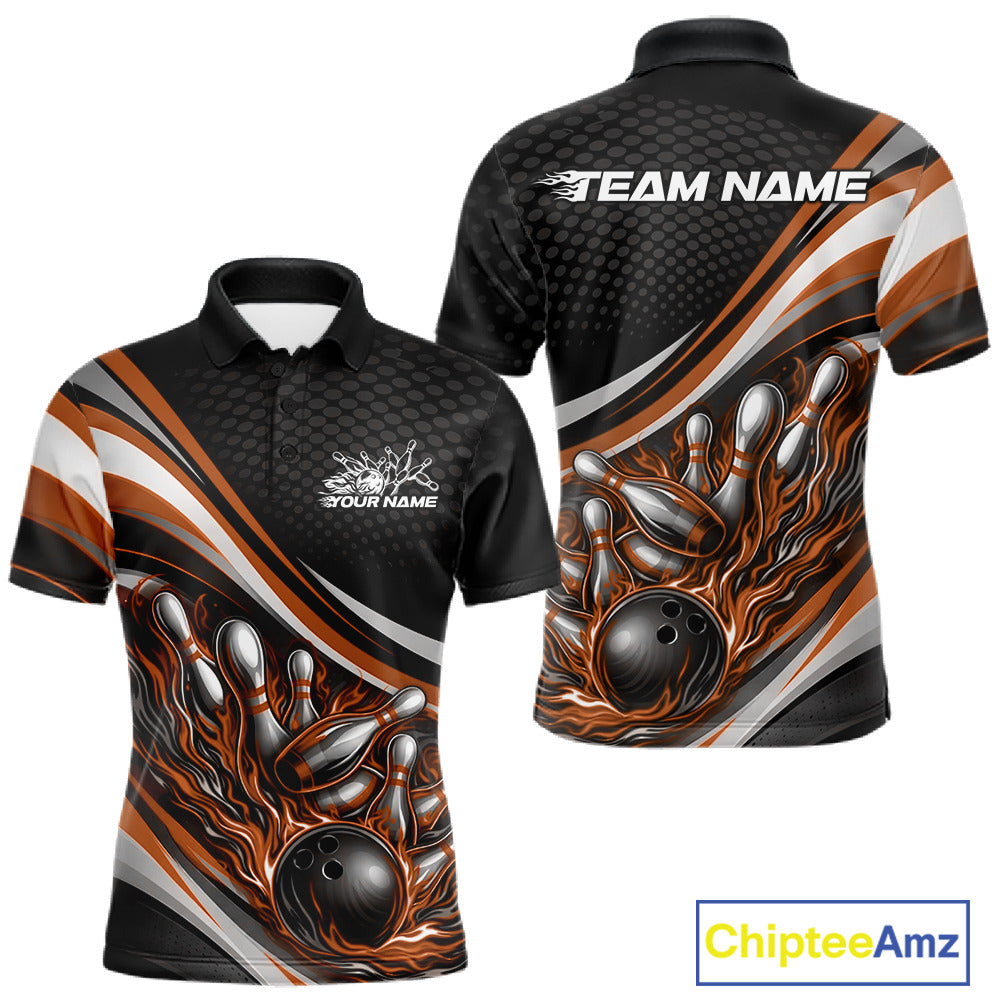 Front and back view of a men’s polo shirt mockup in black and orange, featuring flame bowling ball crashing into pins bold illustration.