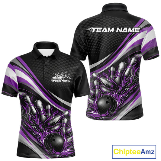 Front and back view of a men’s polo shirt mockup in black and purple, featuring flame bowling ball striking pins energetic sports illustration.