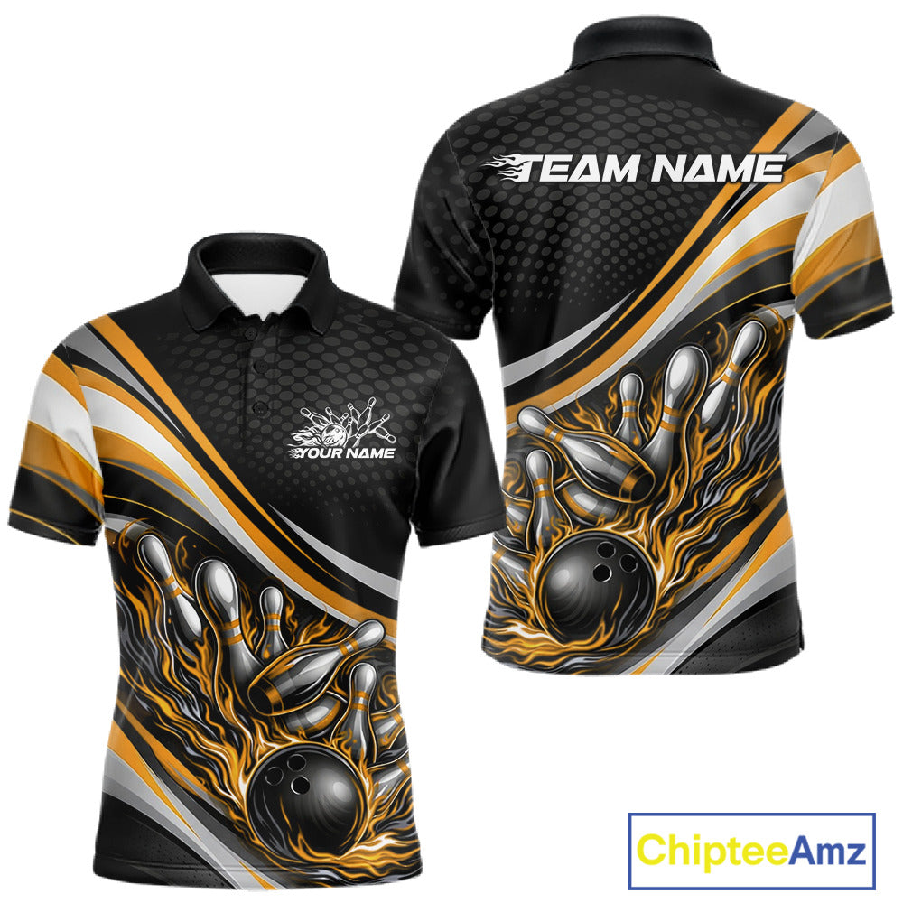 Front and back view of a men’s polo shirt mockup in black and yellow, featuring flame bowling ball striking pins dynamic sports artwork.