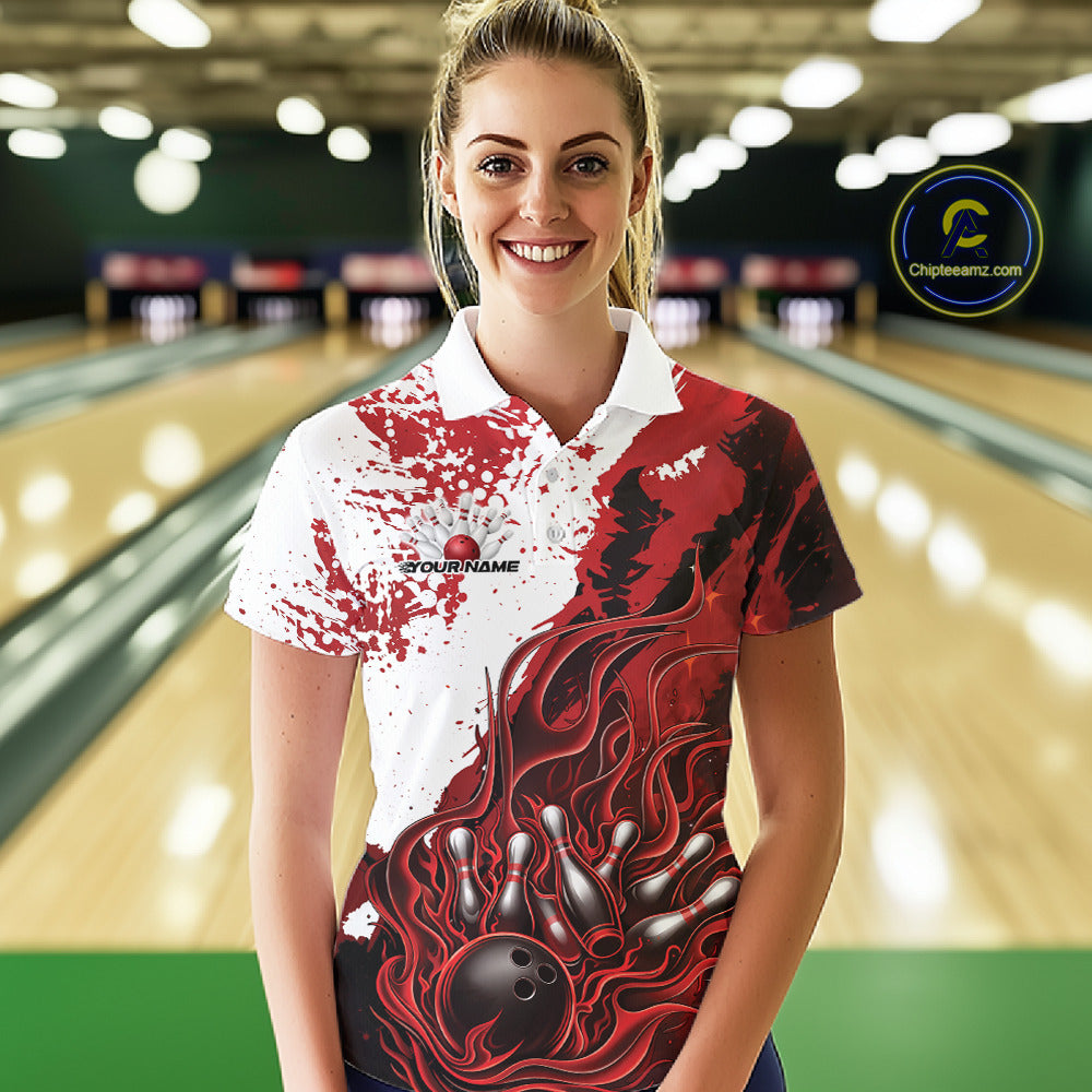 In bowling lane front view female model wearing bowling polo shirt, black red and white scheme, flame bowling ball and pins artwork, dynamic sports lighting
