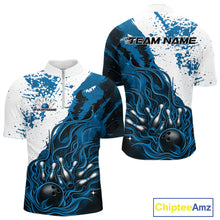 Load image into Gallery viewer, Custom Blue Flame Bowling Men Quarter-Zip Shirt, Bowling Team League Shirt Bowler Jerseys IPHW11243
