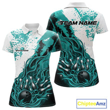 Load image into Gallery viewer, Custom Turquoise Blue Flame Bowling Women Polo Shirt, Bowling League Shirt Bowler Jerseys IPHW11244