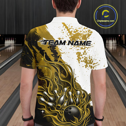 Bowling lane back view male model wearing bowling polo shirt, black base with yellow and white flame bowling ball and pins artwork, promotional sports atmosphere