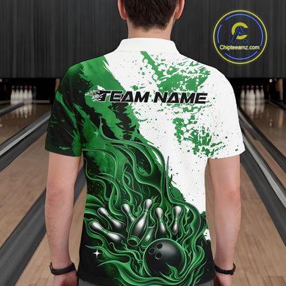 Bowling lane back view male model wearing bowling polo shirt, black base with green and white flame bowling ball and pins artwork, promotional sports atmosphere