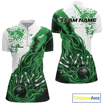 Front and back view of a womens black bowling quarter-zip shirt mockup showcasing flame bowling ball and pins design in black, green, and white tones.
