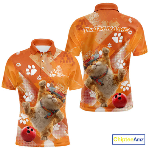 Custom Funny Orange Cat Bowling Men Polo Shirt, Cute Team Cat Paw Bowling Shirt IPHW10102