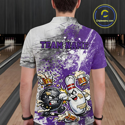 Back view of a male model in a bowling lane wearing a purple and white grunge splatter polo shirt featuring playful cartoon bowling action graphics.