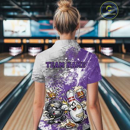 Back view of a female model in a bowling lane wearing a purple and white grunge splatter polo shirt featuring playful cartoon bowling action graphics.
