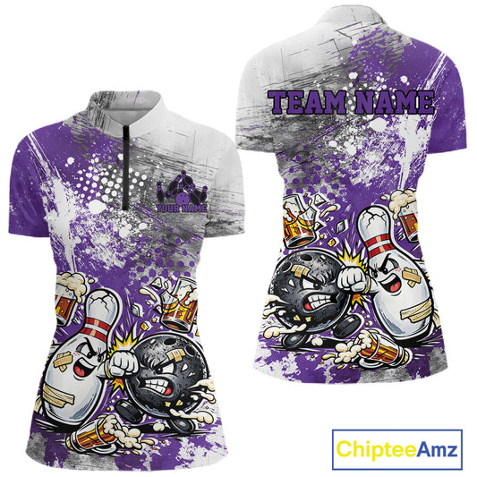 Front and back view of a womens bowling quarter-zip shirt mockup with purple and white grunge splatter background featuring a playful cartoon bowling ball and pin fist-fighting illustration.