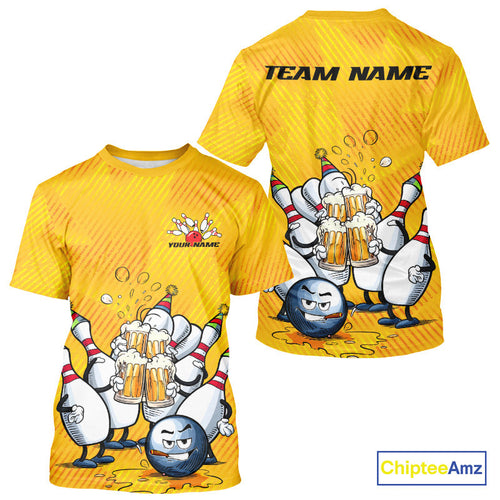 Custom Funny Bowling And Beer Men T-Shirts Shirts, Bowling Ball And Pins Party Jerseys IPHW9827