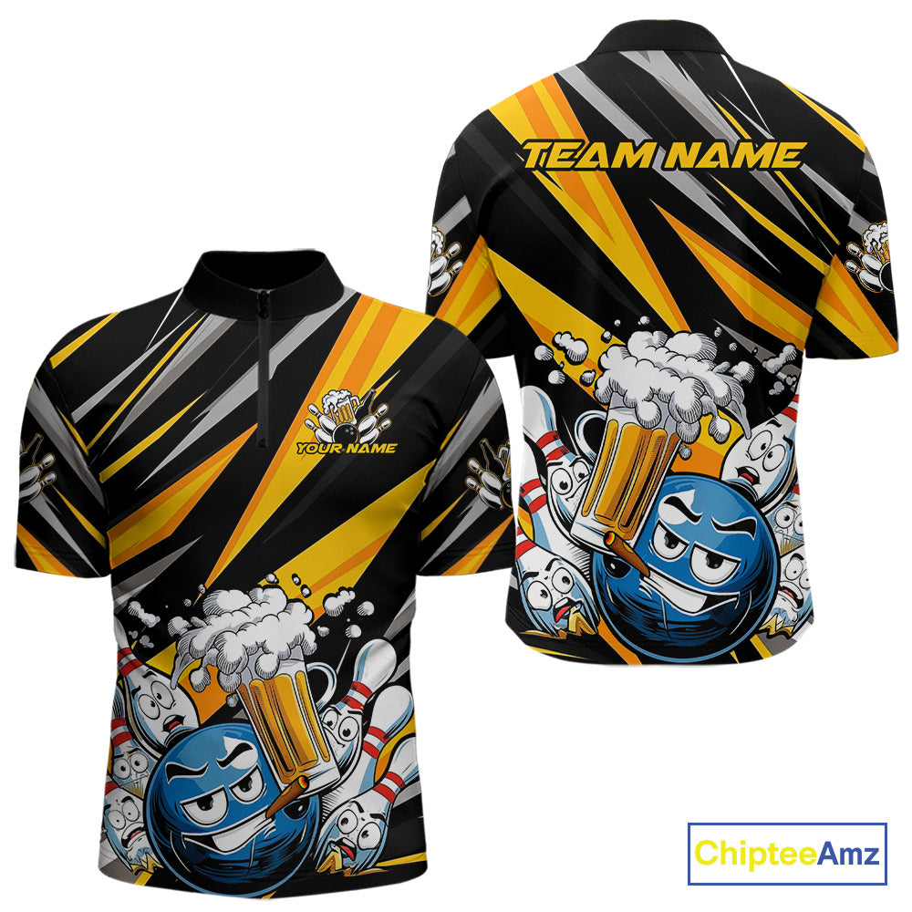 Custom Black And Yellow Funny Bowling And Beer Party Quarter-Zip Shirts For Men, Bowler Outfit IPHW9830