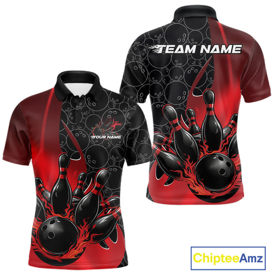 Front and back view of a mens black and red bowling polo shirt mockup featuring gradient bowling ball pattern with flaming black bowling ball striking pins.