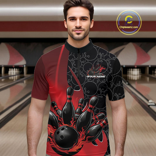 Male model in a bowling lane wearing black and red quarter zip shirt, front view featuring flaming black bowling ball striking pins dynamic sports artwork