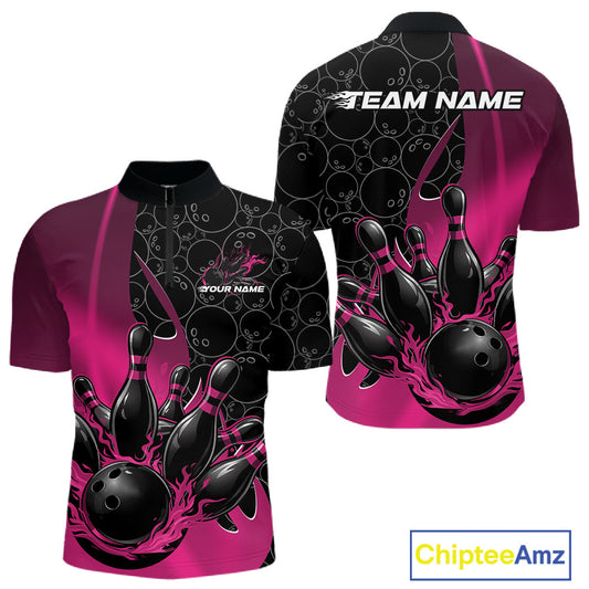 Mens quarter zip bowling shirt mockup, black and pink shirt featuring bowling ball pattern and gradients with flaming black bowling ball striking pins design