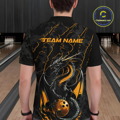Custom Gray And Yellow Camo Dragon Claws Bowling Men Polo Shirts, Team Bowling Jerseys IPHW9857