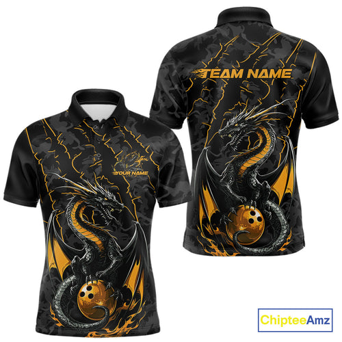 Custom Gray And Yellow Camo Dragon Claws Bowling Men Polo Shirts, Team Bowling Jerseys IPHW9857