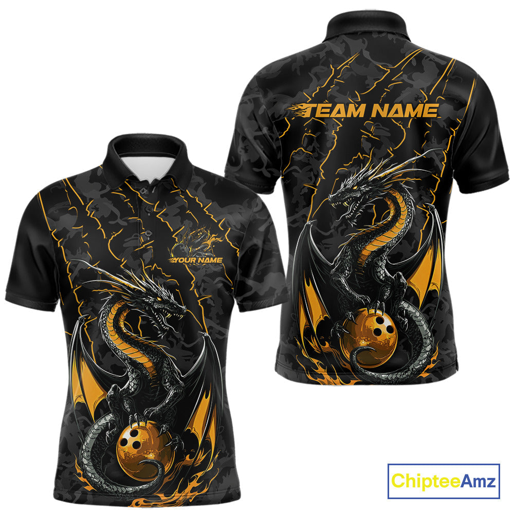 Custom Gray And Yellow Camo Dragon Claws Bowling Men Polo Shirts, Team Bowling Jerseys IPHW9857