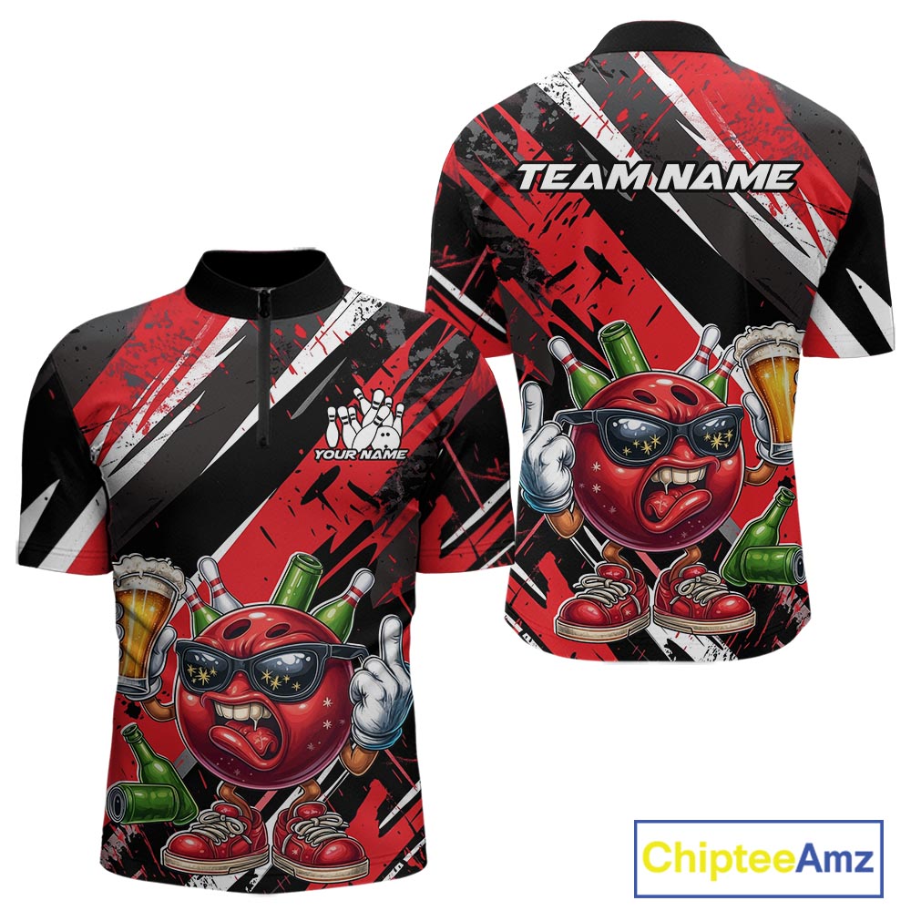 Custom Funny Bowling Ball Drink Beer Bowling Men Quarter-Zip Shirt, Grunge Red Team Shirt IPHW10117