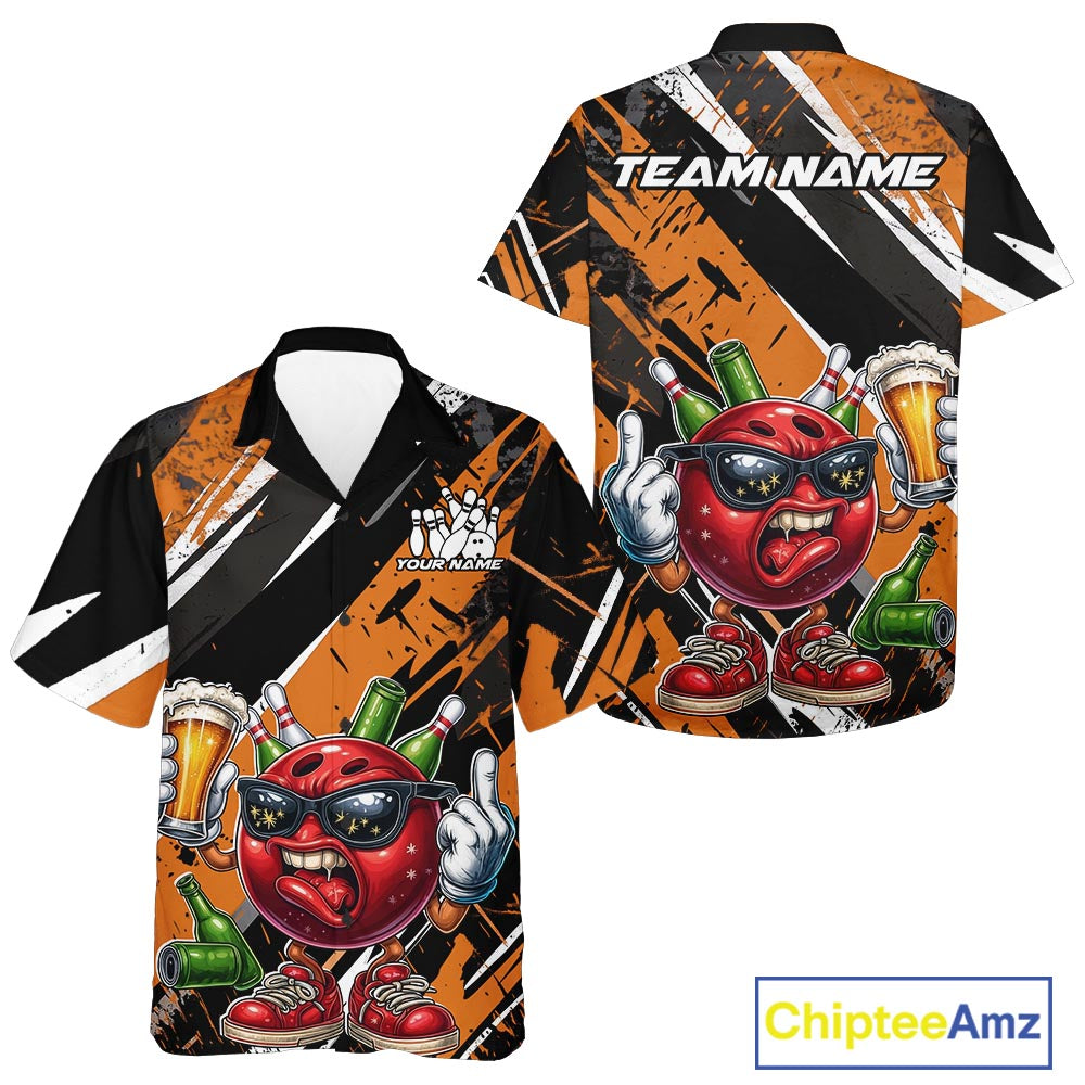 Custom Funny Bowling Ball Drink Beer Bowling Men And Women Hawaiian Shirt, Grunge Orange Team Shirt IPHW10118